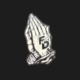 Praying hands logo with 'FD' initials on a black background